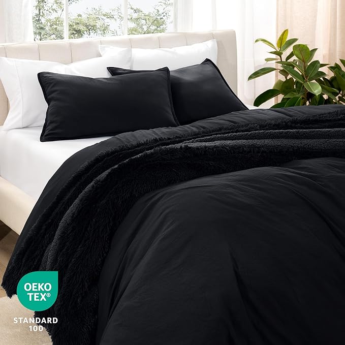 Bare Home Microfiber Duvet Cover Set - Ultra Soft Washed Microfiber - Full Size - Linen-Like Look - Easy Care - Breathable Fabric - Our Softest Duvet Cover Set (Full, Black)