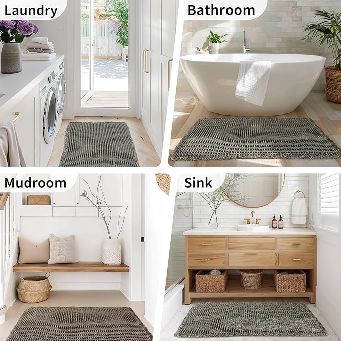Waffle Bath Mat - Boho Bathroom Rugs Non Slip Washable, Super Absorbent & Quick Dry, Small Bath Mats Farmhouse Bathroom Decor, 18'' x 30'', Olive Green