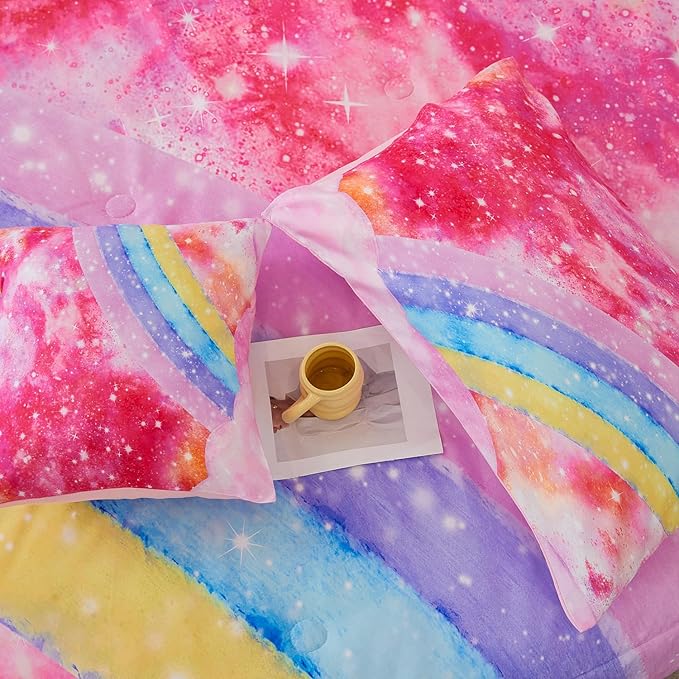 ANGIYUIN Rainbow Twin Size Comforter Set for Girls, 6 Pieces Sparkle Tie Dye Pink Girls Bedding Comforter Sets, Galaxy Kids Bed Sets, Gradient Glitter Soft Bed in A Bag wit Sheets