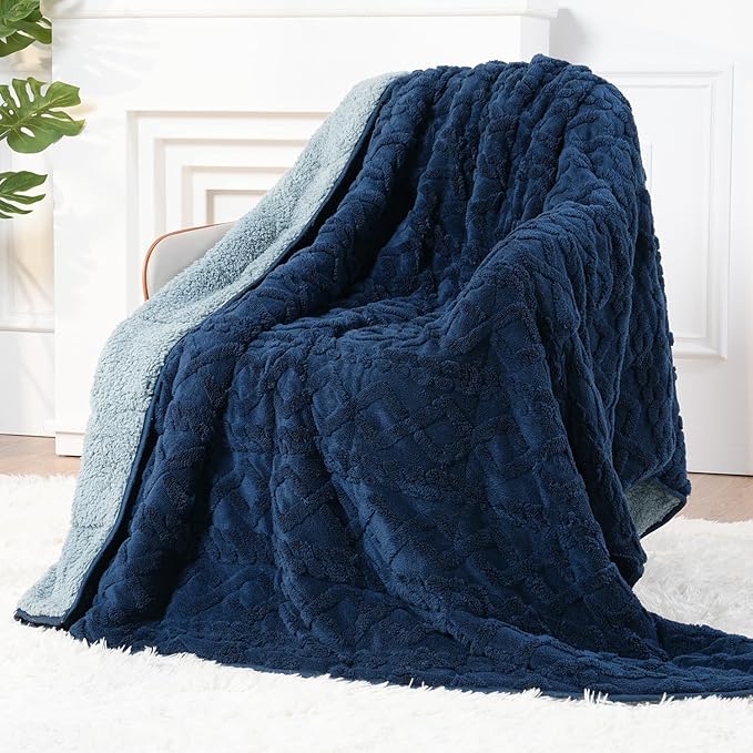 Sherpa Fleece Adult Weighted Blanket Great for Sleep, 15 lbs Dual Sided Soft Fuzzy Heavy Blankets for Couch Bed Sofa, Cozy Warm Fluffy Jacquard Throw for Winter (Navy Blue, 60" x 80", 15 Pounds)