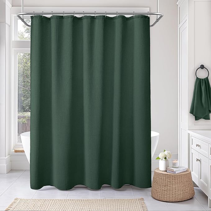 Long Waffle Shower Curtain - Dark Green Cotton Texture Fabric Heavyweight Shower Curtain for Bathroom,72Wx78L
