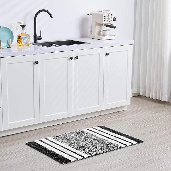 CozeCube Bath mats for Bathroom Non Slip, Fluffy Absorbent Microfiber Bath mat Washable, Aesthetic Bathroom Rugs, Cute Jet Black Striped Bath mat, Jet Black, 32" x 20"