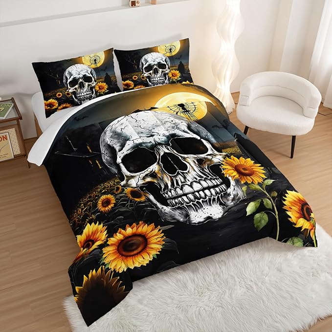 Skull Comforter Set for Gothic Decor Bedroom,Sunflower Floral Bat Print Bedding King Size Comforter Set for Kids Boys Girls,Dark Night Halloween Horror Bedding Set with 2 Pillowcases.