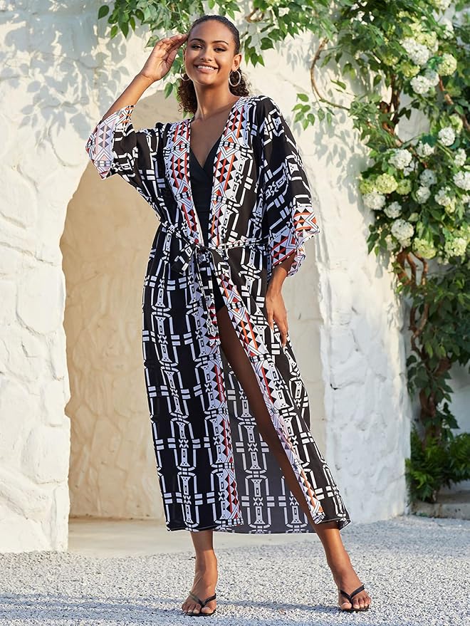Women Casual Open Front Lightweight Cardigan Long Beach Kimono Cover Up