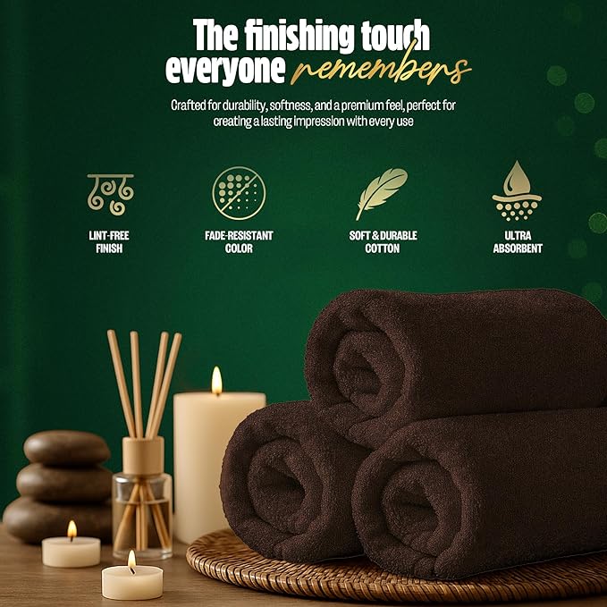 Pearl Linens Pack of 24 100% Cotton Hand Towels, Salon Towels for Spa, Gym and Bathroom Use, Hair Towels in Bulk, Soft, Absorbent, Quick Dry & Machine Washable, 16x27 inches, Brown