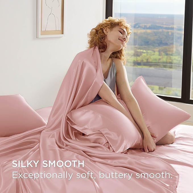 Bedsure Satin Sheets King Size - 4 Piece Silky Bedsheets with 15 Inches Deep Pocket Fitted Bedsheet,1 Flat Sheet, 2 Satin Pillowcases, Good for Hair & Skin (King, Blush Pink)