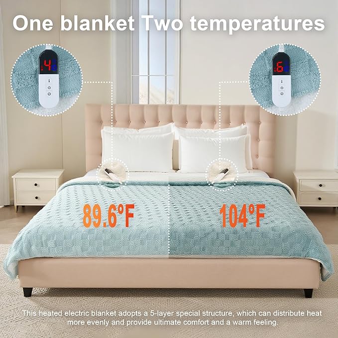 Electric Blanket, Heated Blanket with 6 Heat Levels & 10 Hours Auto Off, Soft Checked Flannel Fast Heating Blanket with ETL & FCC Certification (Green, 72"X84")