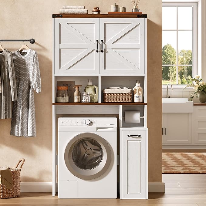 Farmhouse Over The Toilet Storage Cabinet with Pulley Small Bathroom Storage Cabinet, Space Saver W/Adjustable Shelf & Open Shelf for Bathroom, Restroom, Laundry (White Brown-Type B)