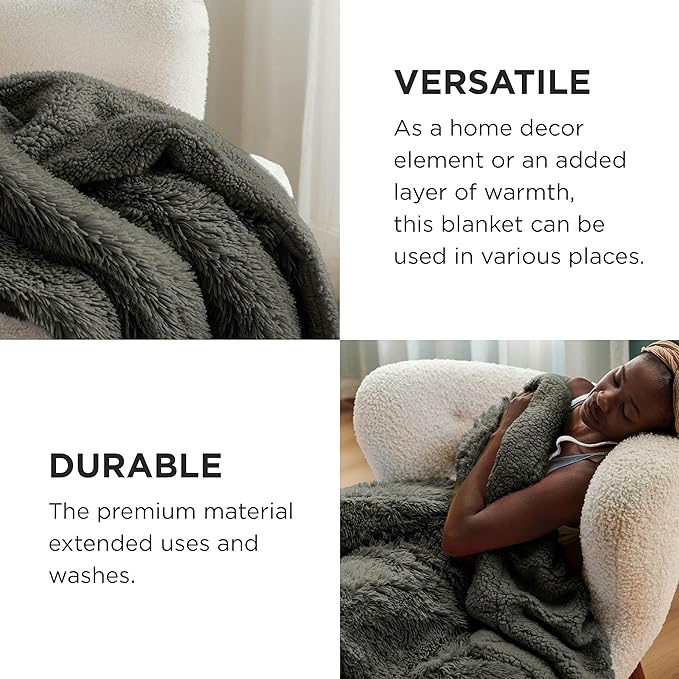 Bedsure GentleSoft Fluffy Olive Green Blankets Queen Size for Bed, Thick Sherpa Faux Fur Fleece Fuzzy Plush Winter Warm Soft Queen Blankets, Bedroom Olive Green Decor Cozy Gifts for Women Men, 90x90