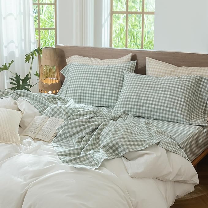 MooMee Gingham Sheet Set 100% Washed Cotton Linen Like Textured Breathable Soft w/Fully Elasticized 16-19" Deep Pocket (Classic Gingham Sage Green, Queen)