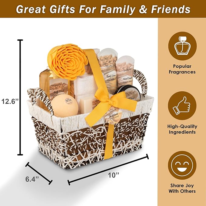 Spa Baskets For Women - Luxury Bath Set With Honey & Almond - Spa Kit Includes Wash, Bubble Bath, Lotion, Bath Salts, Body Scrub, Hand Cream, Shower Puff, Bathbombs, Soap and Towel