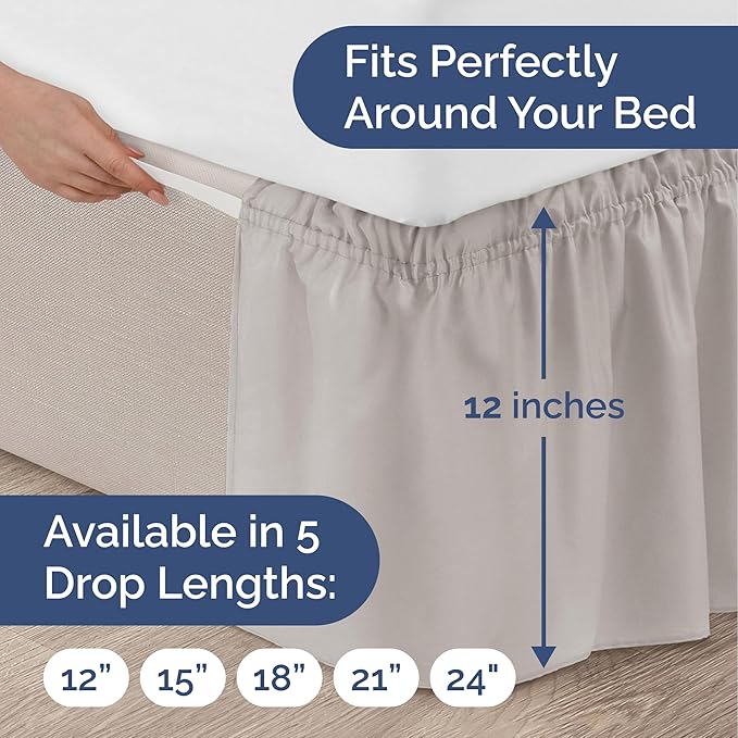 Wrap Around Dust Ruffle Bed Skirt - Light Grey - for Full Size Beds with 12 Inch Drop - Elastic Strap - Adjustable Pleated Bedskirt with Brushed Fabric and Wrinkle Free - for Women, Men, Kids & Teens