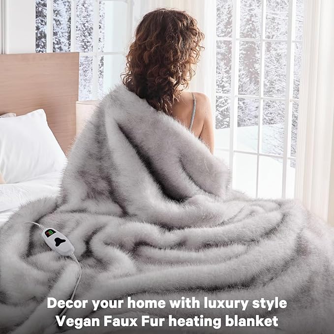 Heated Electric Blanket Twin, Octrot 60"X80" Faux Fur Heating Blanket Luxury Christmas Gifts Heavy Plush with 10 Heats Levels & 8 Hours Auto Off,Super Cozy Warm Fuzzy,Fluffy Decor Winter Warming,White