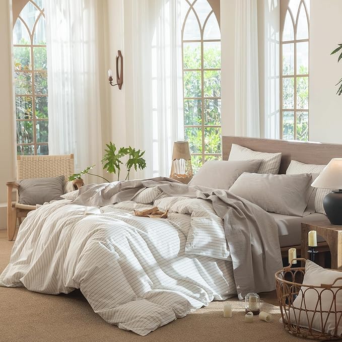 MooMee Bedding Sheet Set 100% Washed Cotton Linen Like Textured Breathable Durable Soft Comfy (Heathered Cream Grey, Queen)