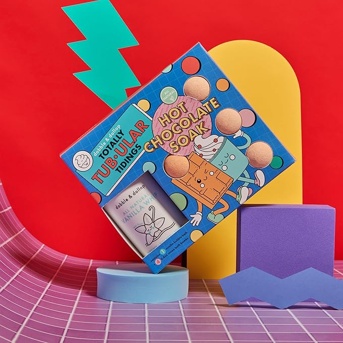 Dabble & Dollop Totally Tub-ular Tidings Hot Chocolate Soak - Holiday Bath Gift Set with 4 All-Natural Cocoa Bath Bombs and Vanilla Whip 3-in-1 Bubble Bath, Body Wash & Shampoo