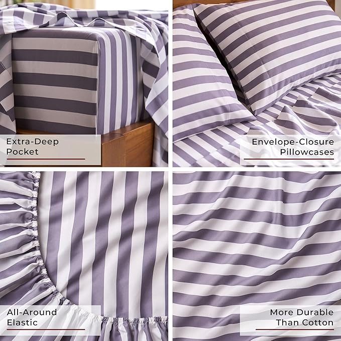 Mellanni Full Sheets Set - 4 PC Iconic Collection Bedding - Hotel Luxury, Extra Soft, Cooling Bed Sheets - Wrinkle, Fade, Stain Resistant (Full, Oxford Stripe Hazy Lilac)