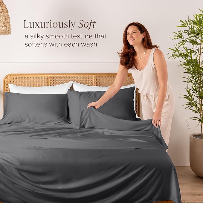 Bare Home 100% Rayon Made from Bamboo Luxury Full Sheet Set - 4 Piece Bedding Set - Deep Pockets - Cooling Sheets - Breathable - Easy Fit - Soft Bedding Sheets & Pillowcases (Full, Grey)