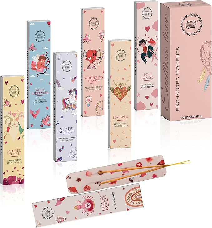Raajsee Natural Incense Sticks with Insence Holder- Pack of 6 Organic Inscent -120 Insense Sticks, Non Toxic Clean Burning, Boho Gift Set, Sage,Apple Pumpkin,Coconut, Coffee,Rosemary Patchouli