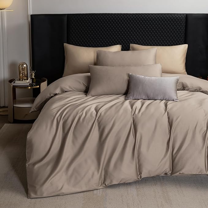 MooMee Duvet Cover Set 100% Extra Long Staple Cotton 600 Thread Count Silky Sateen Smooth Luxury Soft Breathable Durable Hotel Quality Bedding, 3 Pieces (Tannish Gray, King 104"x90")