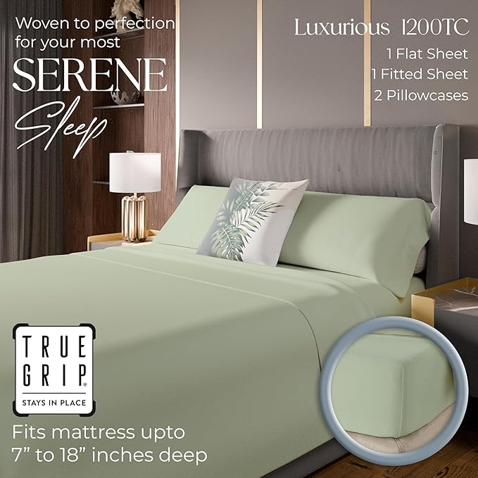 1200 Thread Count King Pastel Green Sheet Set, Hotel Luxury Cotton Rich Ultra Soft Sateen Sheets, Easy Care Bed Sheet Set with Deep Pocket (1 Flat Sheet, 1 Fitted Sheet & 2 Pillowcases)