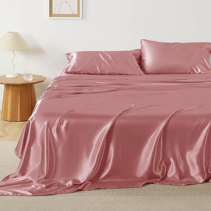 Bedsure Satin Sheets Full Size - 4 Piece Silky Bedsheets with 15 Inches Deep Pocket Fitted Bedsheet,1 Flat Sheet, 2 Satin Pillowcases, Good for Hair & Skin (Full, Coral)