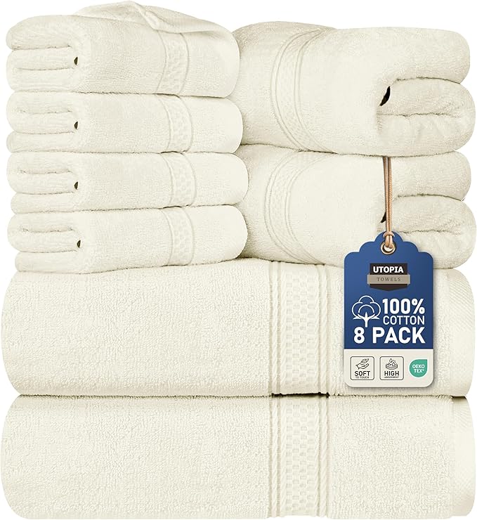 Utopia Towels 8 Piece Premium Towel Set, 2 Bath, 2 Hand, and 4 Wash Cloths, 600 GSM 100% Ring Spun Cotton, Highly Absorbent Towels for Bathroom, Gym, Hotel, and Spa, Ivory