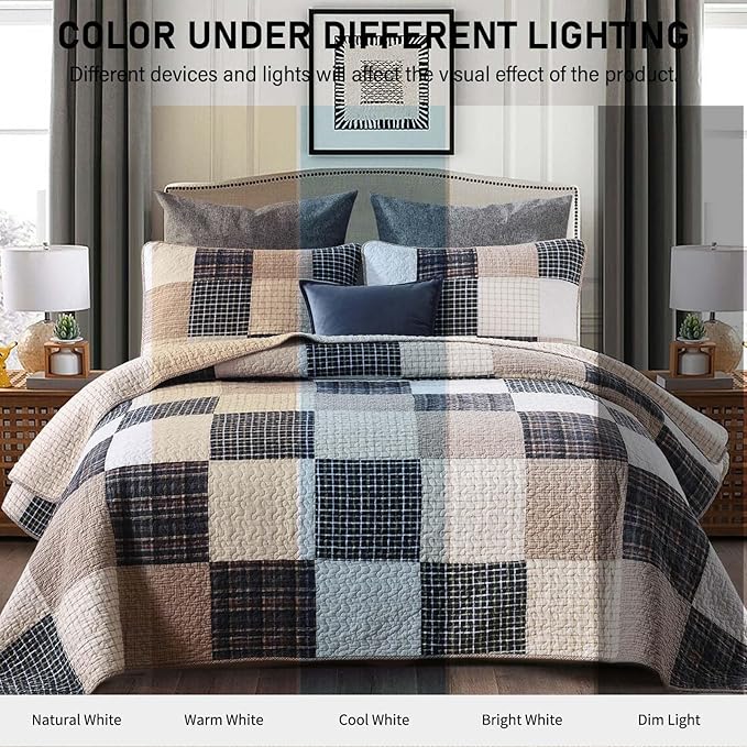 KALOOLA Patchwork Queen Quilt, 100% Cotton Lightweight Bedspreads Queen Size 3 Pieces, Tan Brown Beige Queen Quilt Bedding Set, Farmhouse Rustic Coverlet for All Season