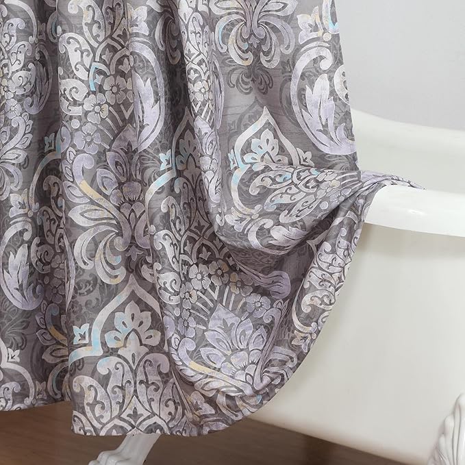 90 Inch Extra Long Shower Curtain, Gray Bath Curtain with Purple Baroque Medallions, Waterproof Hotel Quality Fabric, 72" W x 90" H