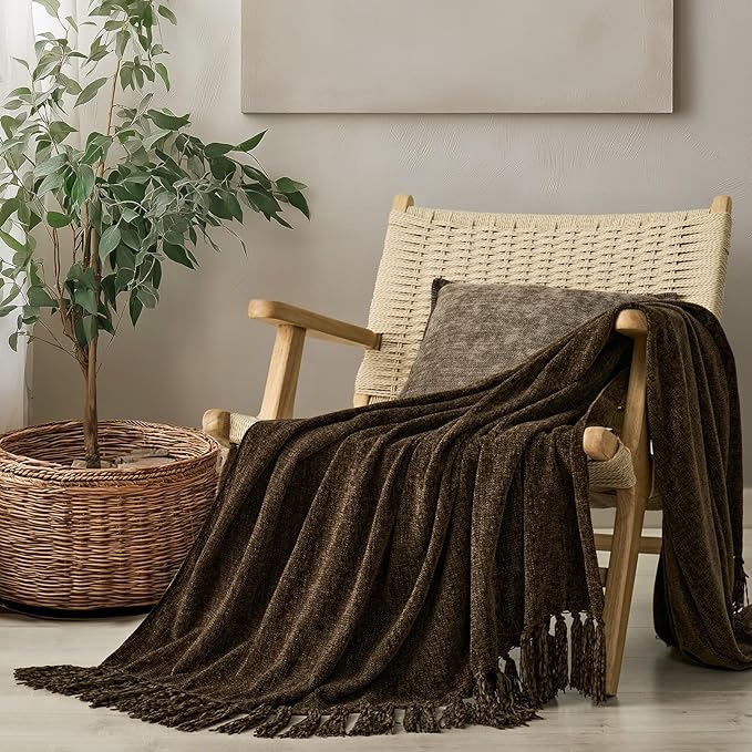 EVERGRACE Soft Chenille Throw Blanket for Couch, Cozy Plush Fuzzy Decorative Chenille Knit Throw Blanket with Tassels, Lightweight Blanket and Throws for Bed Sofa Gift Home Decor, Dark Brown 50"x60"