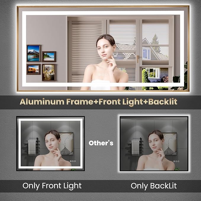 Amorho 40"X38" LED Bathroom Mirror, Golden Metal Framed Mirror with Front Light and Backlit, Stepless Dimmable, Anti-Fog, Shatter-Proof, Memory, 3 Colors