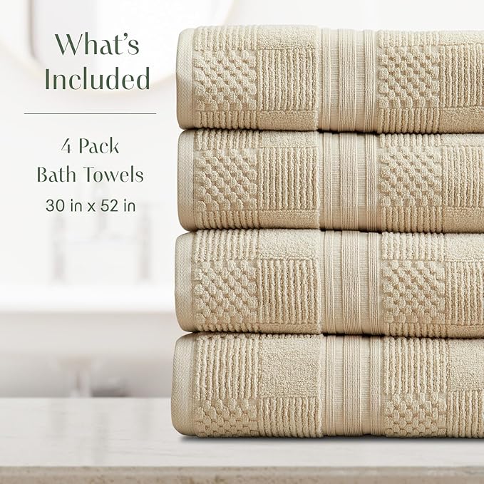 Springtree Home 100% Cotton Bath Towel Set of 4 | Beige Towels | Geometric Textured Design | Absorbent & Quick-Dry | 4 Bath Towels | Oeko-TEX® Standard 100 Cotton | Myla Collection - Sandshell