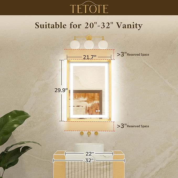 TETOTE 22 x 30 Bathroom LED Mirror Brushed Black Metal Frame Frontlit & Backlit Vanity Mirror Anti-Fog Stepless Dimmable 3 Colors White/Warm/Natural Mirror with Lights Wall-Mounted