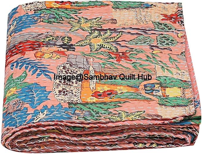 Floral Printed Cotton Quilted Blanket Indian Handmade Bedspread Kantha Work Bohemian Bed Decor Throw Blanket Twin/King/Queen (90X108 inches)