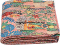Floral Printed Cotton Quilted Blanket Indian Handmade Bedspread Kantha Work Bohemian Bed Decor Throw Blanket Twin/King/Queen (90X108 inches)