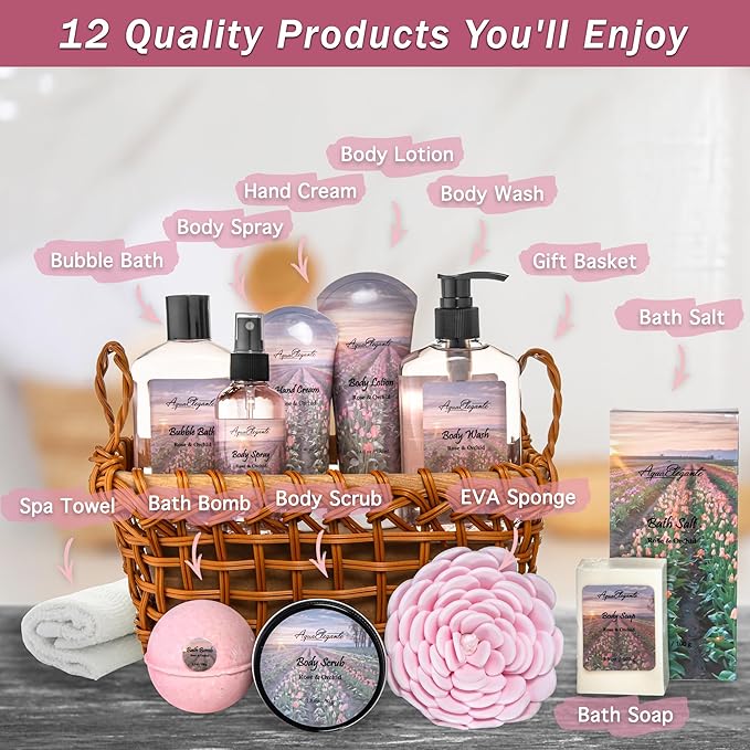 Spa Baskets For Women - Luxury Bath Set With Lavender & Tea Tree Oil - Spa Kit Includes Wash, Bubble Bath, Lotion, Bath Salts, Body Scrub, Hand Cream, Shower Puff, Bathbombs, Soap and Towel