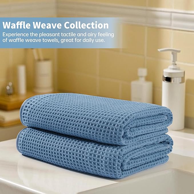 New Microfiber Waffle Bath Towels, 2 Pieces, Oversized, Soft, Absorbent, Fast Drying, Lint Free (Blue)