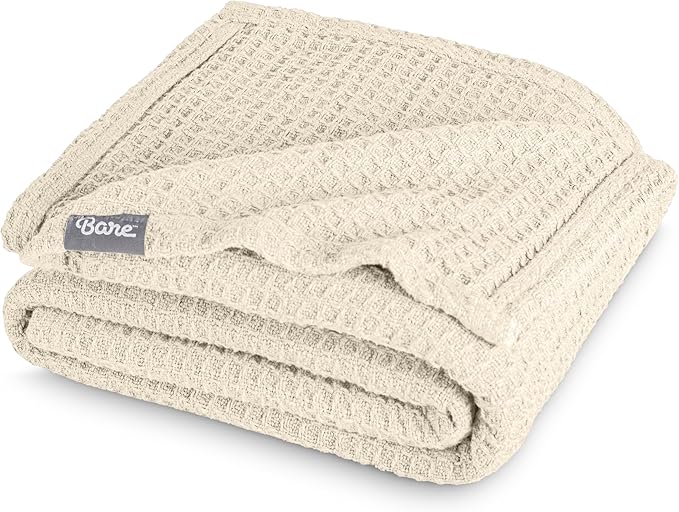 Bare Home Oyster Waffle Blanket, Extra Long 66Wx90L, 100% Cotton, Soft & Breathable Throw for All Seasons, Lightweight Blanket, Perfect for Layering Bed, Sofa & Couch (Twin/Twin XL, Oyster)