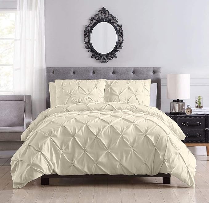Pinch Pleated Duvet Cover Set 100% Cotton 3PC Super King Plus Size 120x120 Duvet Cover Set, Decorative Pinch Design Ivory Duvet Cover with Matching Pillow Case
