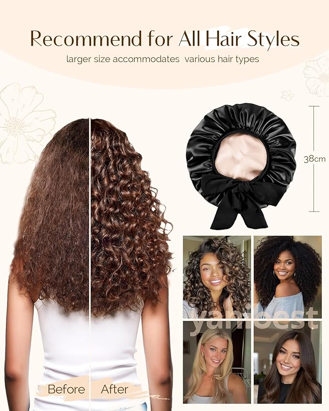YANIBEST Silk Hair Bonnet for Sleeping, Double Layer Hair Bonnet with Elastic Tie Band for Curly Natural Hair Reduce frizz
