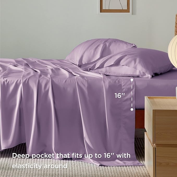 Bedsure California King Sheet Sets, Cooling Sheets for Hot Sleepers, Rayon Derived from Bamboo, Breathable & Soft, Deep Pocket Up to 16 Inches, Hotel Luxury Silky Bedding, Lilac
