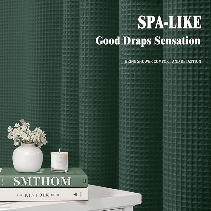Waffle Weave Shower Curtain - Dark Green Cotton Fabric Texture Heavyweight Shower Curtain for Bathroom,Washable,72Wx72L