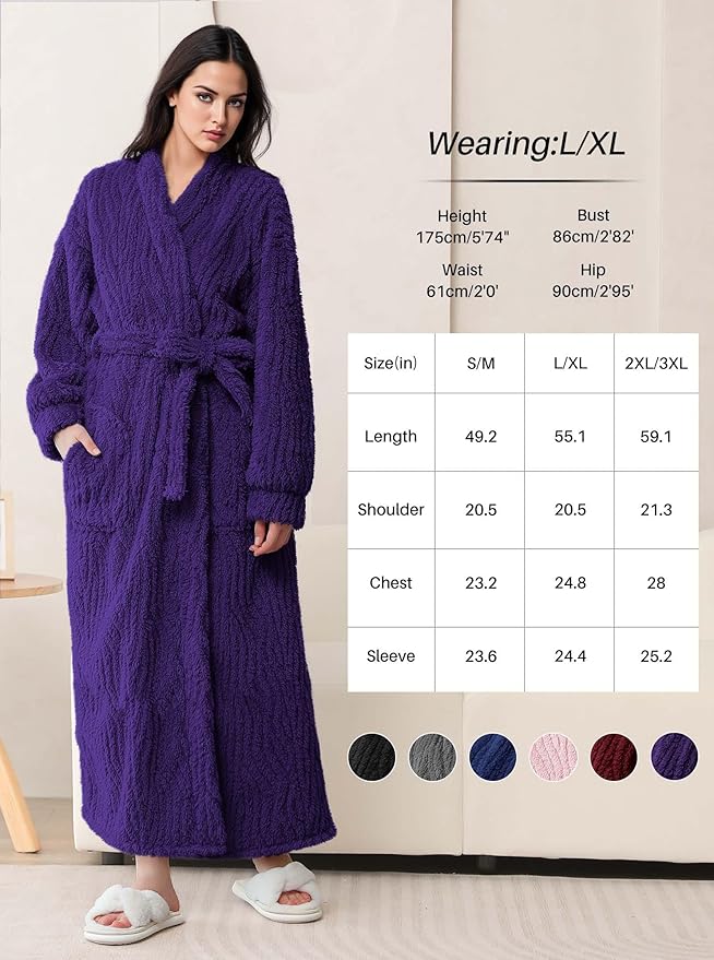 Artfasion Womens Long Fleece Robe - Warm Soft Floor Length Flannel Bathrobes for Winter Thicker Long House Coat with Pockets