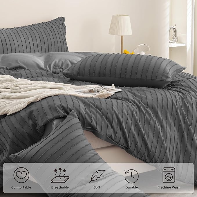 JELLYMONI Duvet Cover Full Size Dark Grey - 3PCS Boho Striped Duvet Cover Set Polyester Tufted Bohemian Textured Comforter Cover 80×90in with Corner Ties & Zipper and 2 Pillowcases