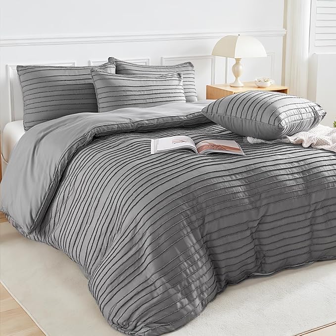 NEXHOME PRO Duvet Cover King Size, Grey 3 Pieces Boho Tufted Duvet Cover Set, Soft and Lightweight Microfiber Comforter Cover Set for All Season (Grey King, 104 x 90)-No Comforter