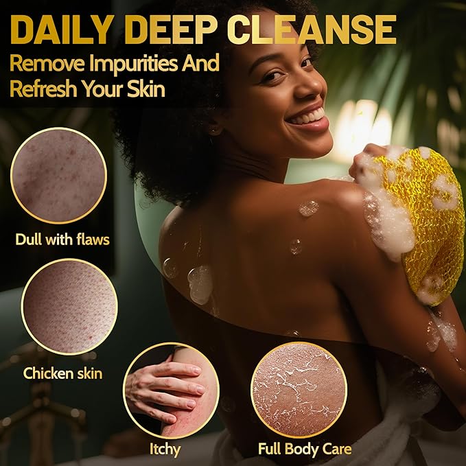 African Net Sponge Authentic,3Pack Loofah Exfoliating Body Scrubber Bath Sponge, Back Scrubber Washcloth for Shower,Gentle Exfoliator and Rich Lather for Women and Men (Black、Yellow、Purple)