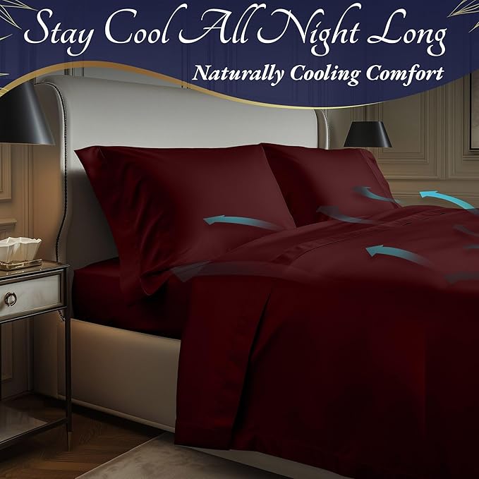 DECOLURE 100% Viscose Derived from Bamboo Sheets Twin Size 3pcs - Ultra Soft & Luxuriously Cooling, 17" Deep Pocket, Double Stitching, Perfect for Hot Sleepers - Twin Bed Sheets (Burgundy)