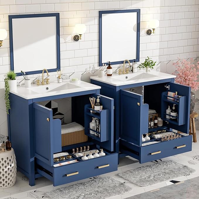 60" Bathroom Vanity Set with Double Vanities, Double Ceramic Sinks, Storage Shelf, Soft Closing Doors, Divided Drawers (Mirror not Included), Large Bathroom Vanity Sink Set (Blue)