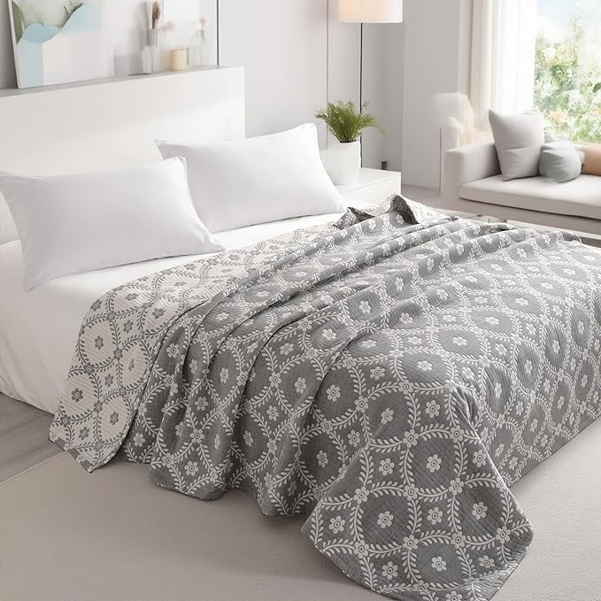 NTBAY 3 Layers Cotton Muslin 88x92 Queen Bed Blanket, Super Soft Breathable Thermal Yarn Dyed Quilt for Adults, Perfect Lightweight Blanket for Couch Sofa Bed All Seasons, Grey Garlands