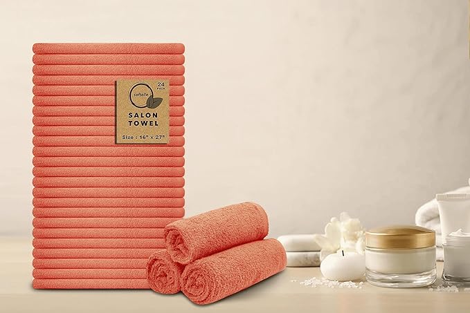 Softolle Salon Towels – Pack of 24 (16"x27") 100% Cotton Ring Spun (Not Bleach Proof) Ultra Soft, Highly Absorbent Hand Towels – Bulk for Spa, Gym & Salon (Coral)