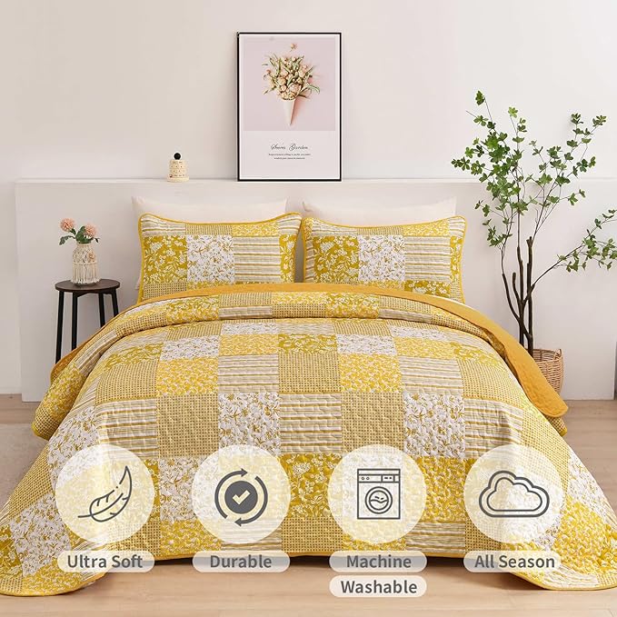 Mybedsoul Yellow Boho Quilt Set King Size,3 Pieces Plaid Floral Bedspread Coverlet Set Summer,Patchwork Reversible Bedding Set King 90"x104"
